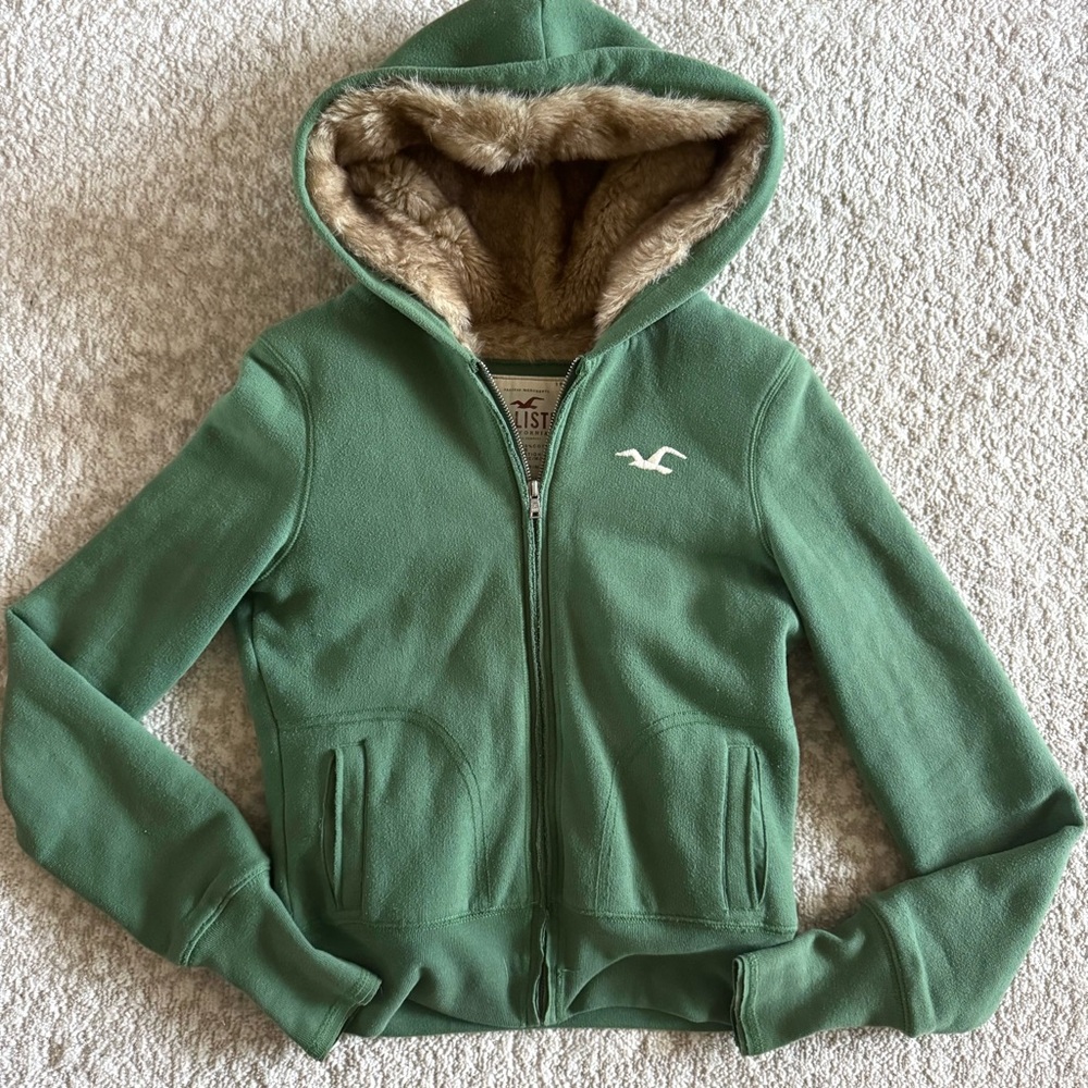 Vintage Y2K 2000s Hollister Green Zip Up Fur Lined Hoodie